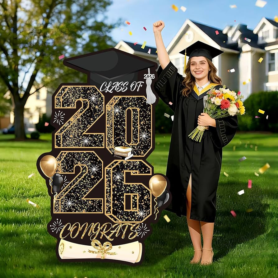 2026 Graduation Yard Sign, 47.2 Inch Black & Gold Grad Lawn Sign with Metal Stand, Outdoor Gradua... | Amazon (US)