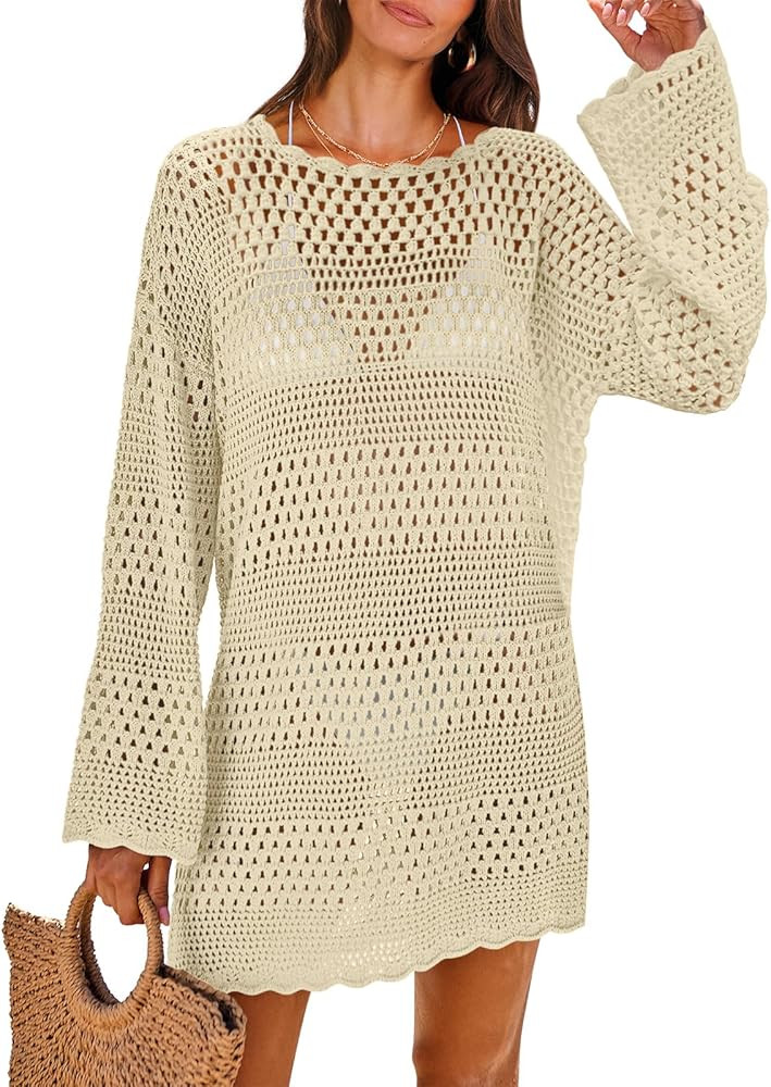 ANRABESS Women Swimsuit Crochet Swim Cover Up Summer Bathing Suit Swimwear Knit Pullover Beach Dr... | Amazon (US)