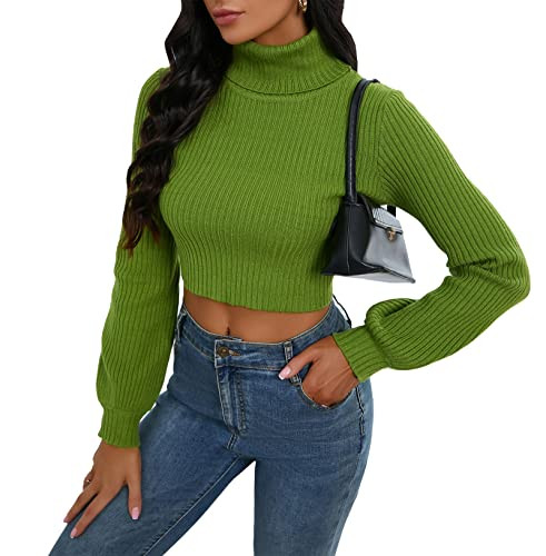 IWFEV Women's Sweater Turtleneck Long Sleeve Knit Pullover Tops Crop Top Shirt | Amazon (US)
