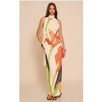 Cream Floral Print Chiffon High Neck Mxi Dress | PrettyLittleThing US