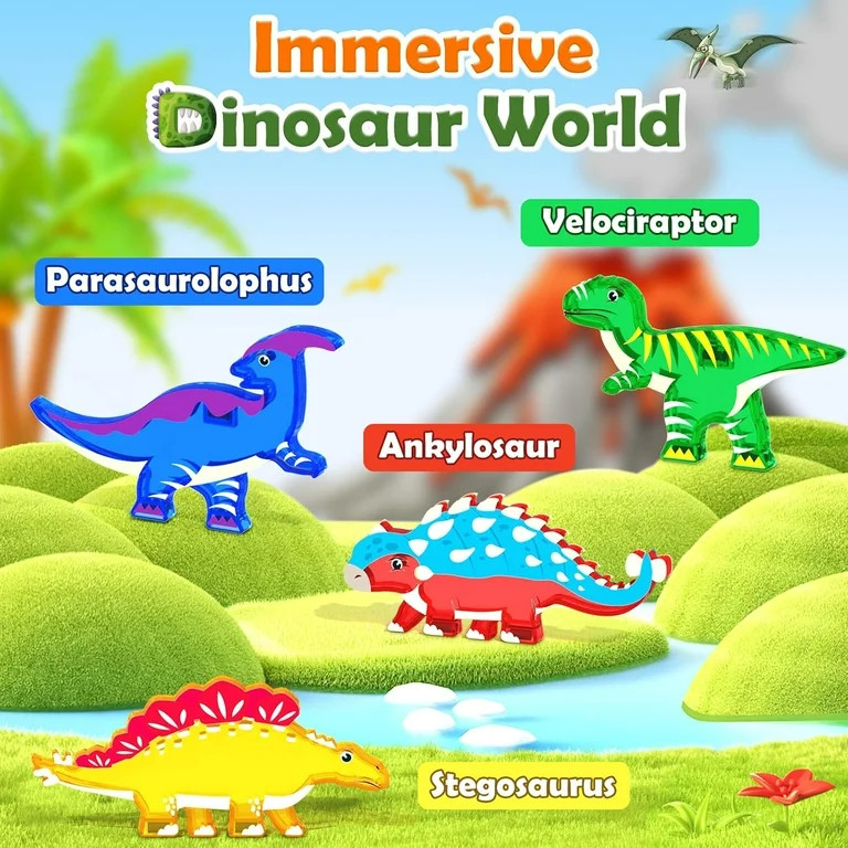 Dinosaur World Magnetic Tiles - STEM Educational Toys for 3+ Kids with Scene Cards | Walmart (US)