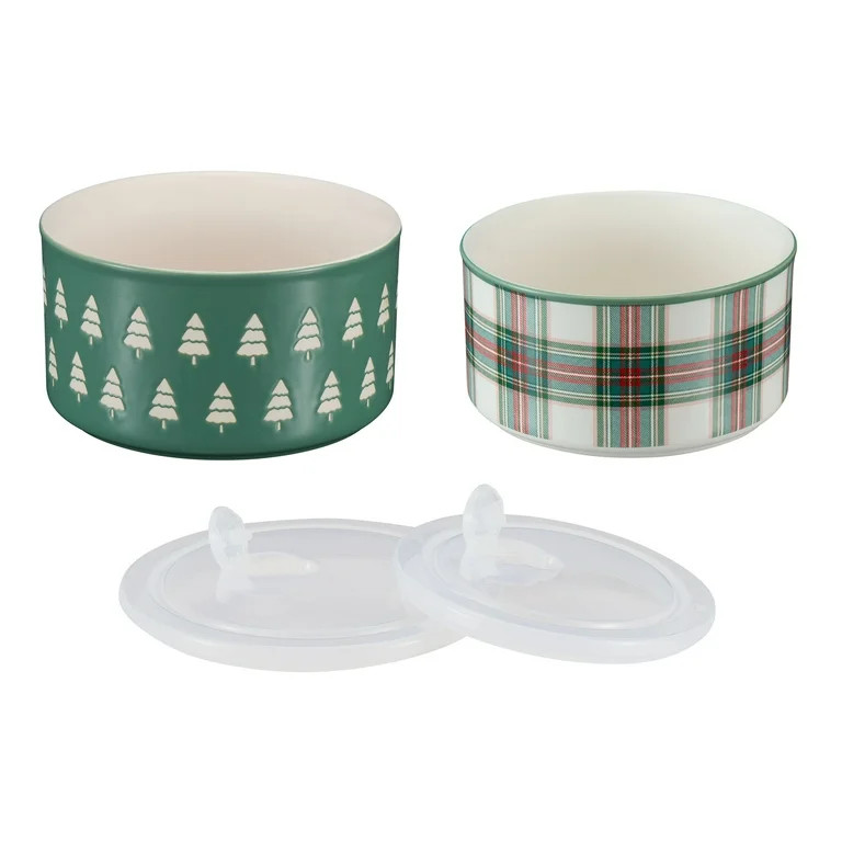 Holiday Time 4-Piece Trees & Plaid Glazed Stoneware Bake & Store Containers Set, Multicolor | Walmart (US)