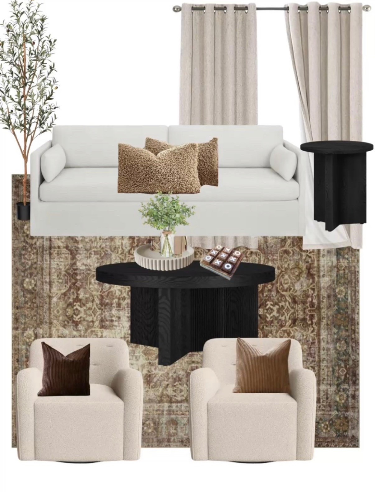 Living room design, living room mood board, living room furniture, living room decor, Wayfair, Sherpa, living room rug, coffee table on sale, home decor finds on a budget, home decor inspiration, organic modern, fall home decor, interior design board, living room chair, black coffee table, white couch 

#LTKStyleTip

#LTKSeasonal #LTKHome