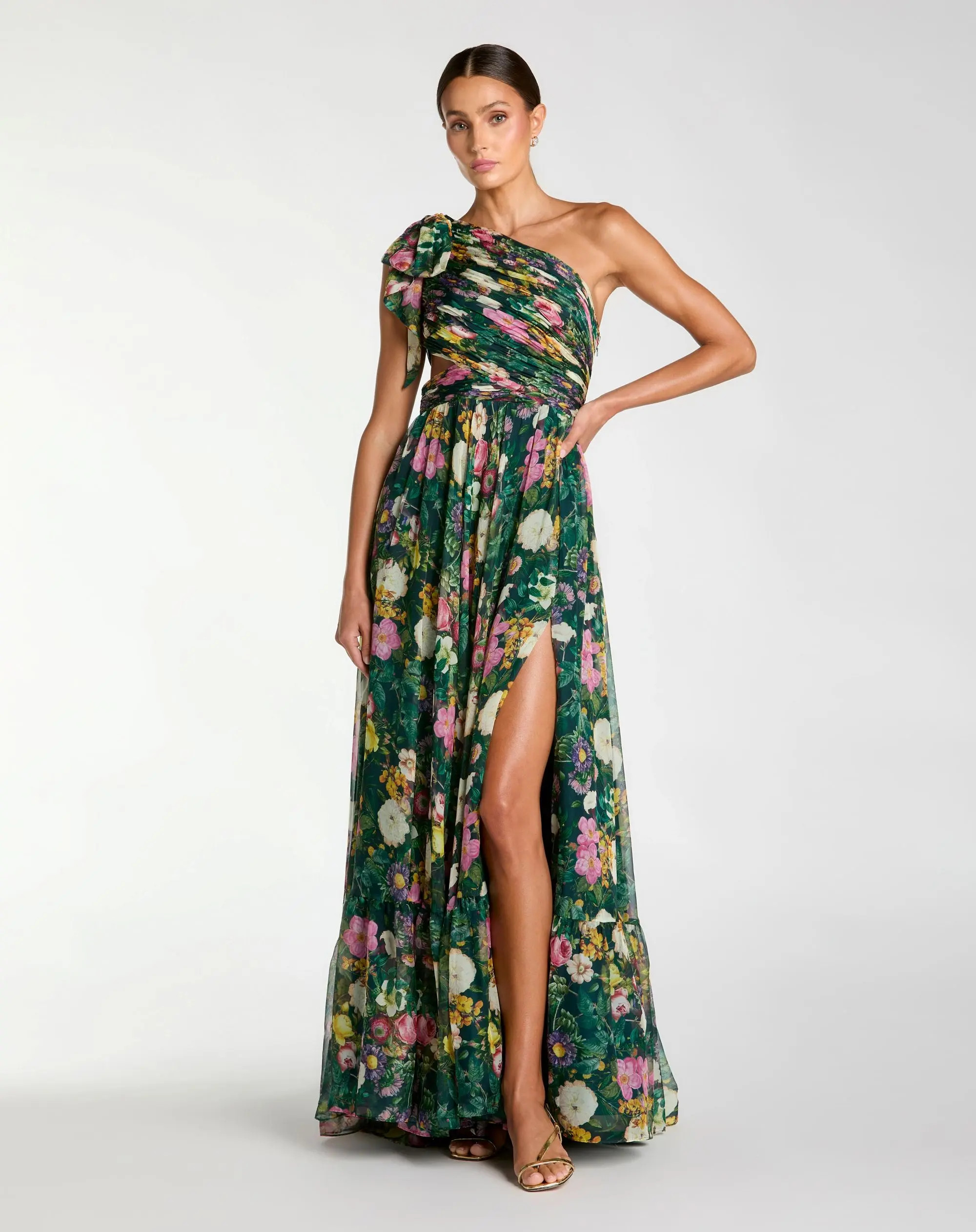 Green One Shoulder Floral Printed Chiffon Side Cut Out Gown | Mac Duggal | Mac Duggal