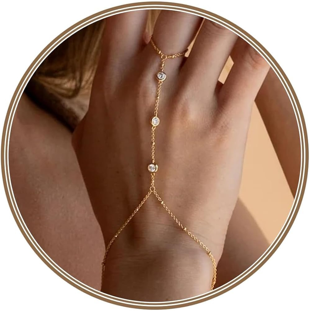 Waterproof 14K Gold Plated Hand Chain Bracelet for Women, Non Tarnish Hypoallergenic Beaded Finge... | Amazon (US)