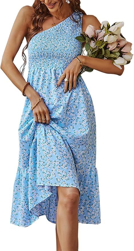 Women Summer Beach Dresses Floral One Shoulder Midi Dress Boho Strapless Tube Sundresses | Amazon (US)