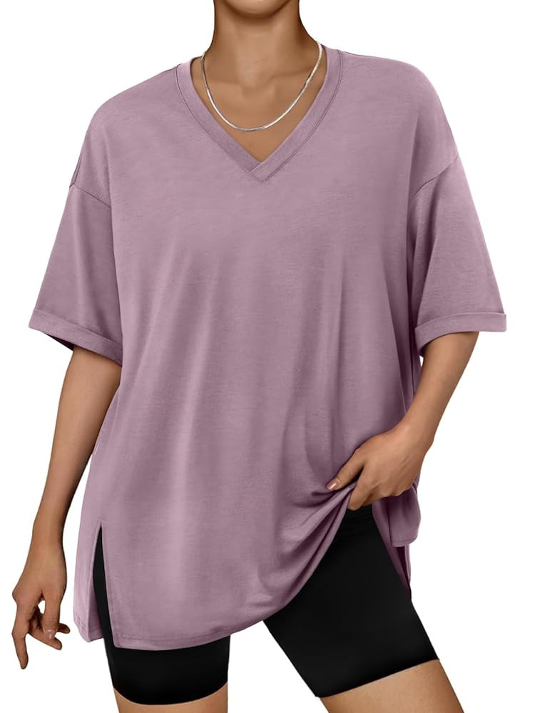 Trendy Queen Oversized Tshirts for Women Workout Plus Size Tops V Neck Short Sleeve Gym Shirts Ca... | Amazon (US)