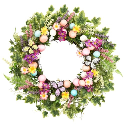 MAINGKAUNG Easter Wreath 22 Inch Easter Wreaths for Front Door with Colorful Egg Yellow Daisy Purple Lavender and Butterflies for Porch Window Farmhouse Party Decoration | Amazon (US)