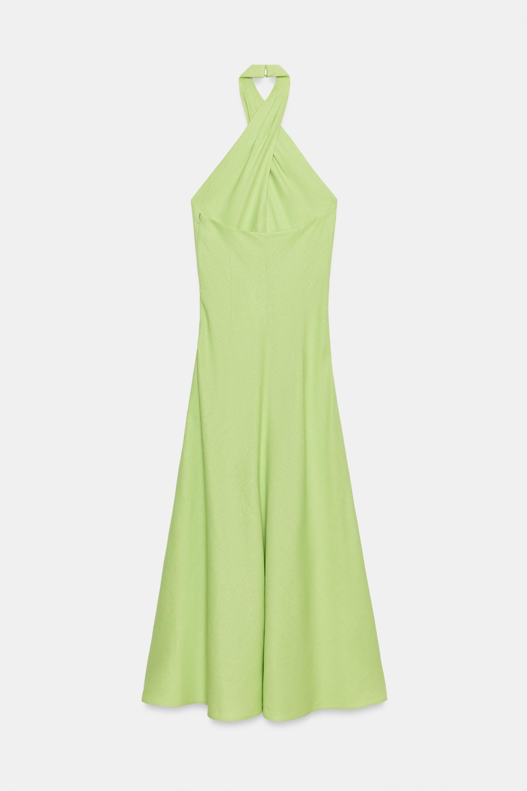 Linen dress. Crisscross halter neckline. Open back. A-line hem. Back hidden button closure. | Zara US