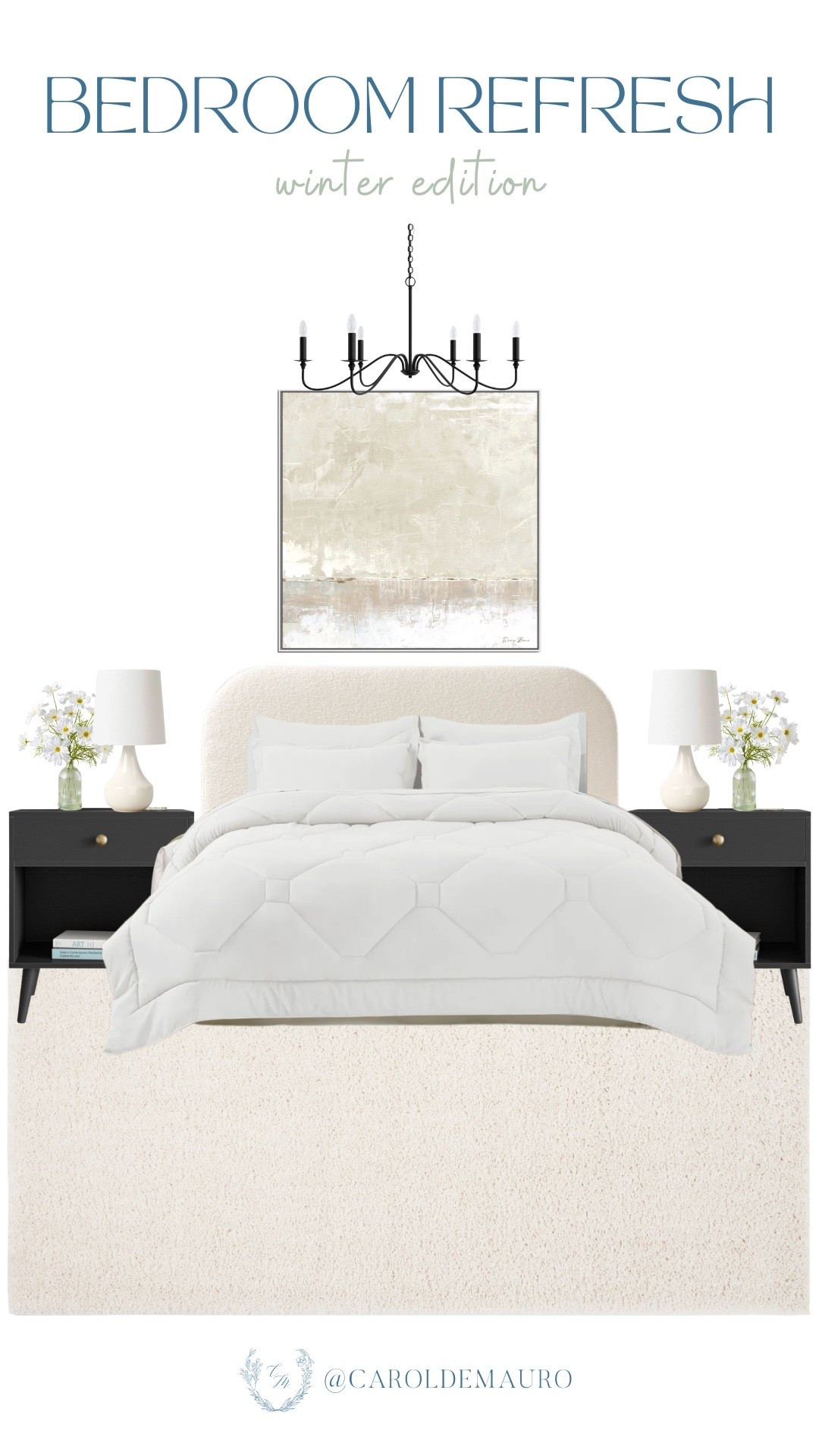Get your home cozy for the season with this bedroom refresh with neutral tones and crisp whites! You'll love the plush bed with quilted bedding, sleek black nightstands, a statement chandelier, and calming abstract wall art.

bedroom goals, winter refresh, home decor, bedroom makeover, aesthetic furniture, minimal style, cozy home, lighting fixtures

#LTKU #LTKSeasonal #LTKHome