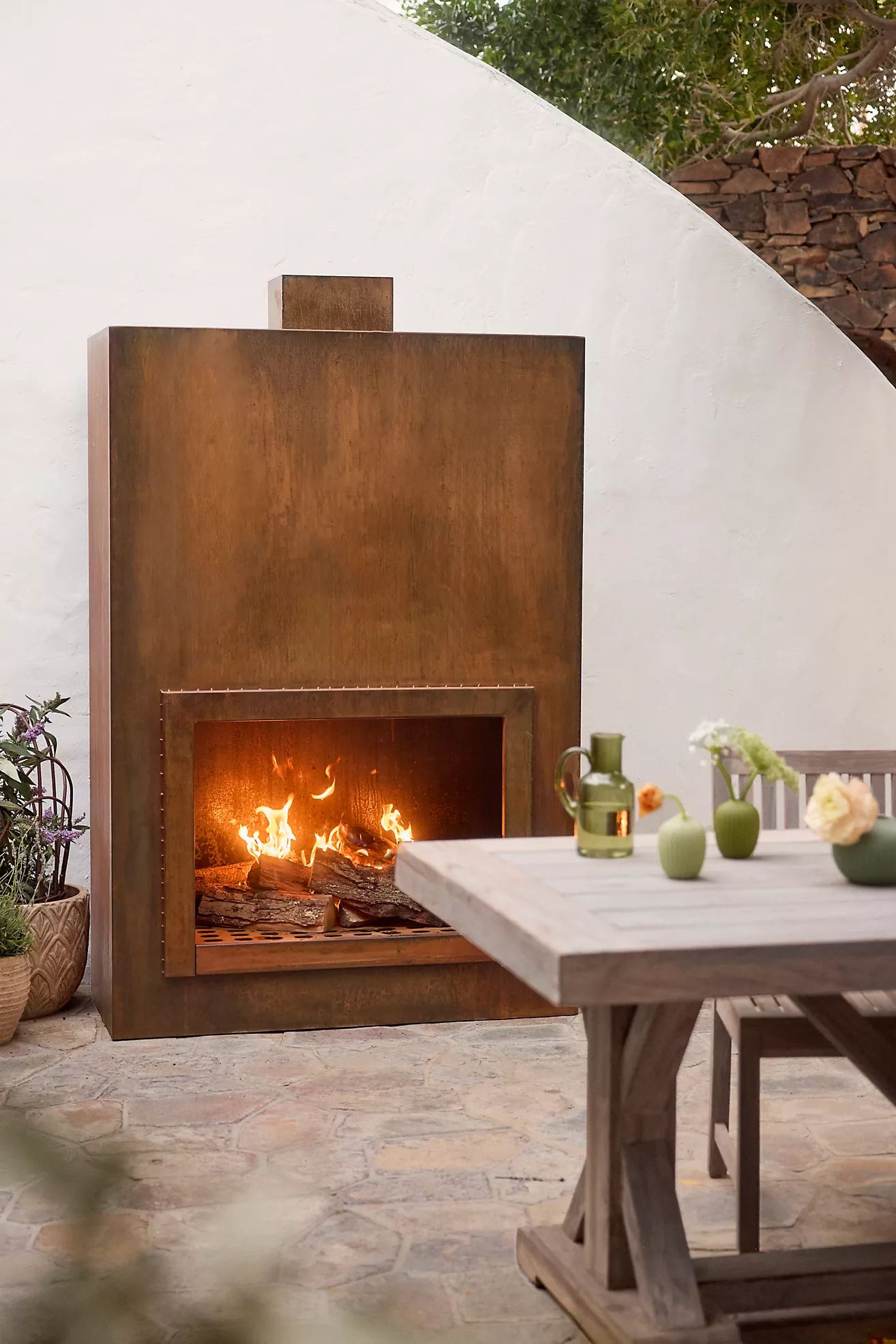 Weathering Steel Planed Outdoor Fireplace, Large | Terrain