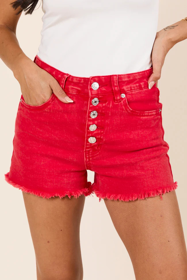 My Favorite Red Acid Wash Button Fly Shorts | Pink Lily