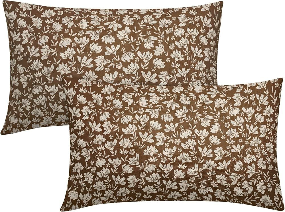 Kawani Brown Beige Daisy Floral Lumbar Pillow Covers 12X20 Inch Vintage Flowers Pillow Cases Set ... | Amazon (US)