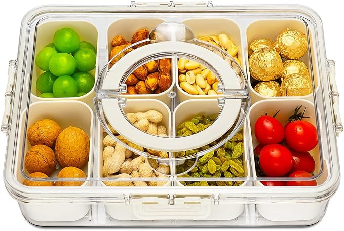 Divided Serving Tray with Lid and Handle,8 Compartments Snacks Box,Snack Fruit and Veggie Tray,Po... | Amazon (US)