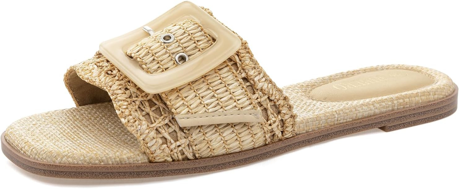 Rihero Women's Raffia Flat Sandals Square Open Toe Summer Beach Slip On Woven Buckle Slide Sandal... | Amazon (US)