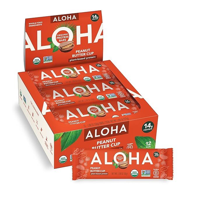 ALOHA Organic Plant Based Protein Bars - Peanut Butter Cup Bar - 12 Bars, Vegan, Low Sugar, Glute... | Amazon (US)