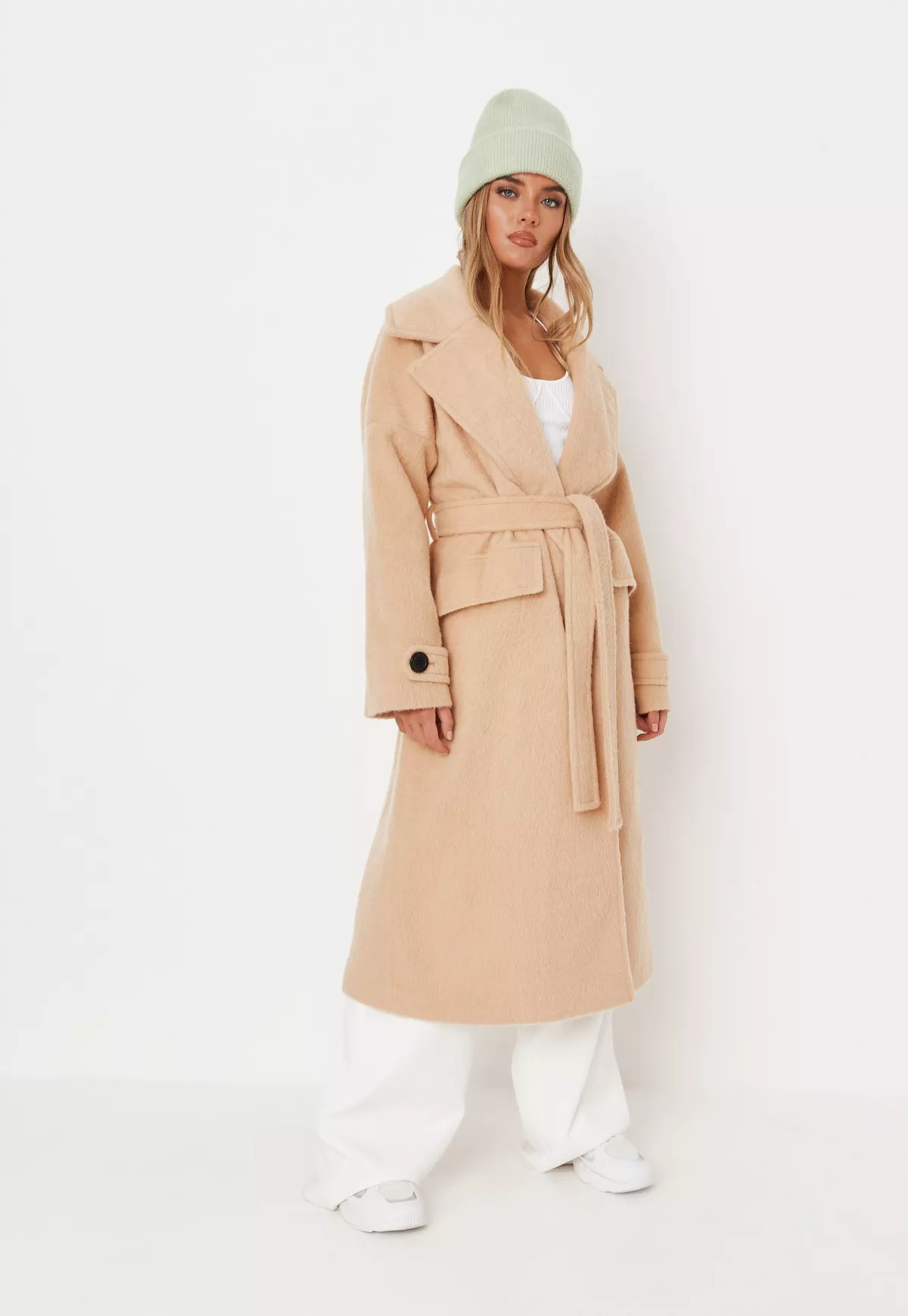 Missguided - Petite Sand Belted Brushed Formal Coat | Missguided (US & CA)