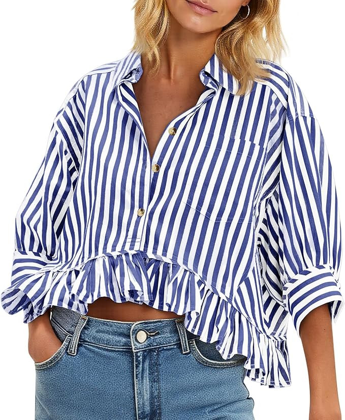 Cicy Bell Womens Cropped Striped Button Down Shirts Ruffle 3/4 Length Sleeve Summer Tops Dressy C... | Amazon (US)