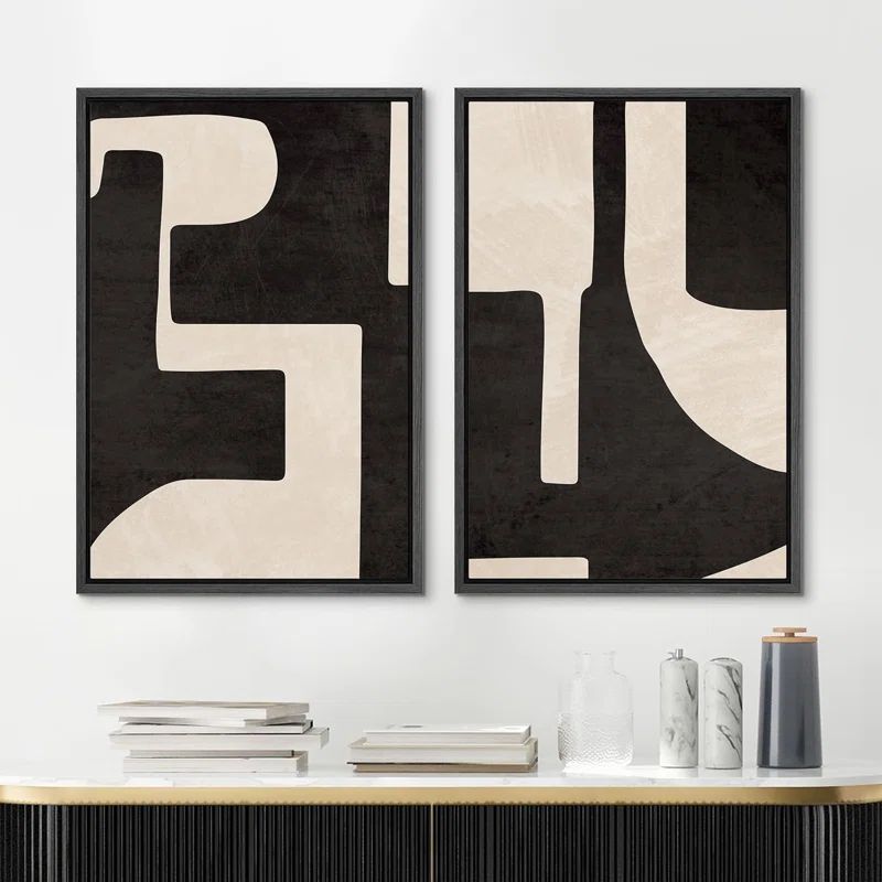 Black & White Geometric Paint Stroke Abstract Neutral Décor Framed Canvas 2 Pieces Print Wall Ar... | Wayfair North America
