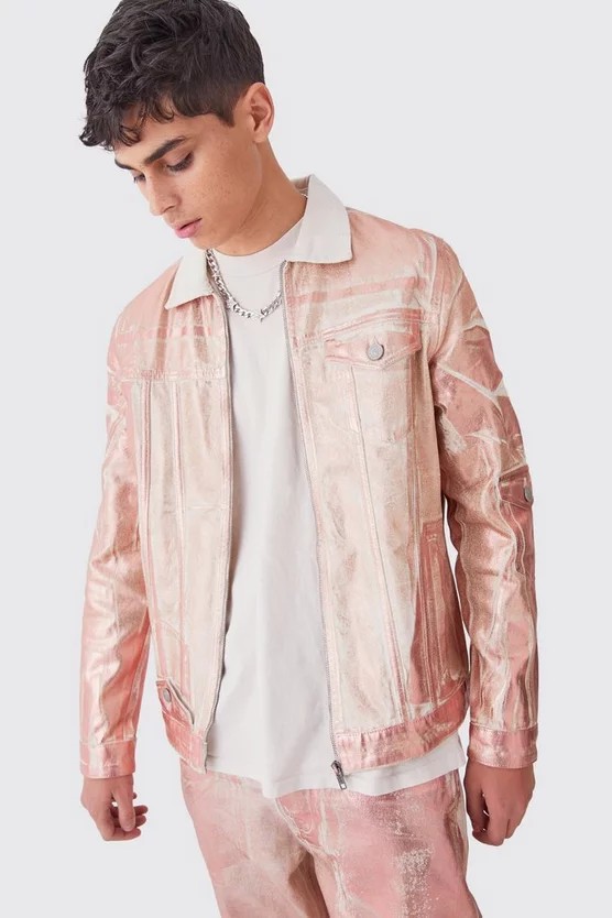 Metallic Print Denim Jacket | boohooMAN (US & Canada)