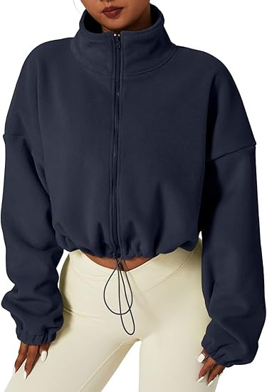 QINSEN Women's Full Zip Fleece Short Jacket Warm Winter Long Sleeve Stand Collar Sherpa Crop Coat | Amazon (US)