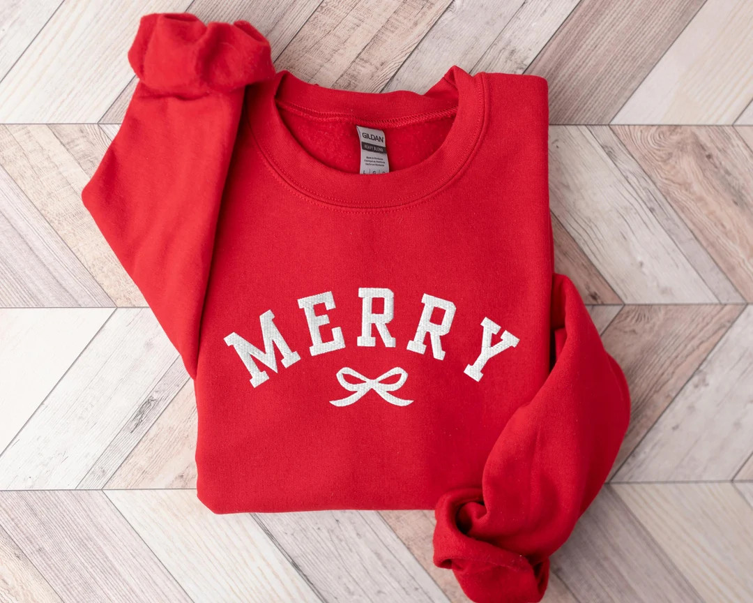 Embroidered Merry Christmas Sweatshirt, Christmas Bow Sweatshirt for Women, Red Bow Coquette Embr... | Etsy (US)