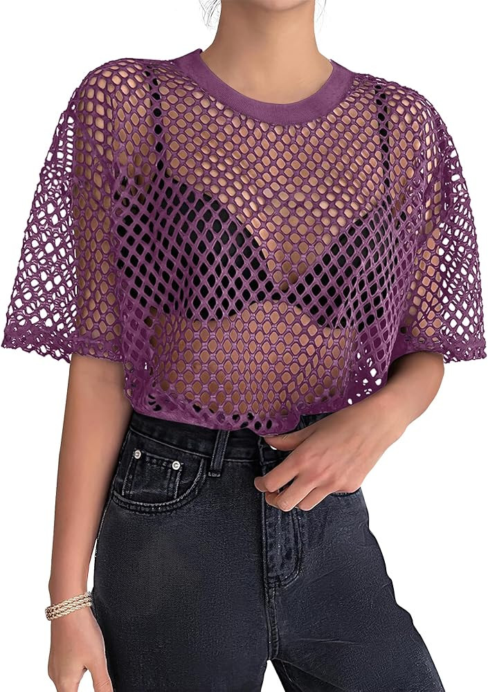 Zeagoo Womens Mesh T Shirts Short Sleeve Casual Tops Hollow Out Pullover Shirts Crewneck Sexy Fis... | Amazon (US)