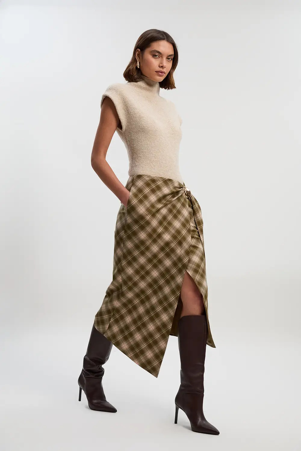 Petite Tailored Check Trim Detail Midi Skirt | Karen Millen UK + IE + DE + NL