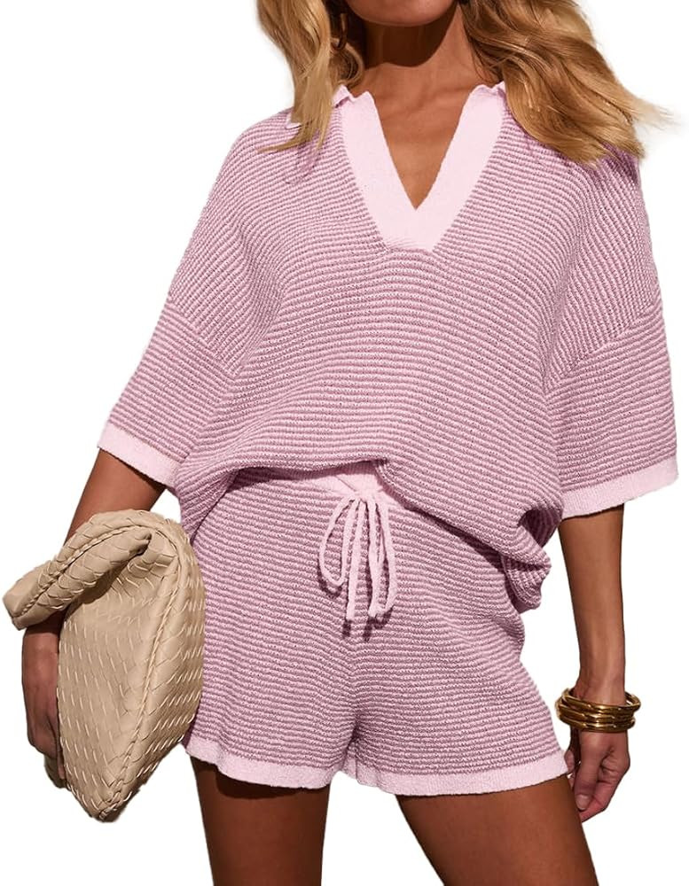 Womens Crochet Short Sets 2 Piece Outfits Half Sleeve V Neck Knit Top High Waisted Shorts Striped... | Amazon (US)