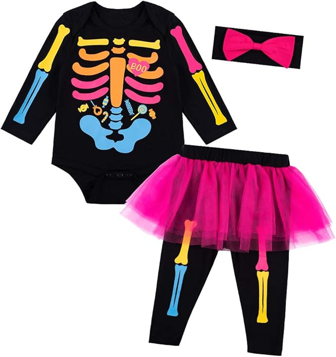 Baby Girls Newborn Skeleton Halloween Costume Outfit Funny Long Sleeve Skull Tulle Skirt Romper S... | Amazon (US)