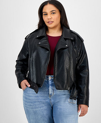 Trendy Plus Size Faux-Leather Belted Jacket | Macy's