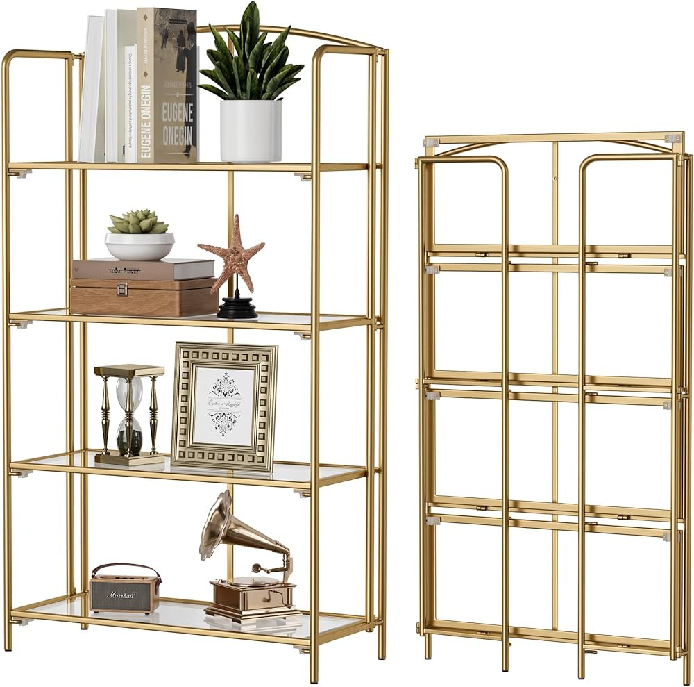 Crofy No Assembly Folding Bookshelf for Living Room, 4 Tier Gold Collapsible Book Shelf for Home ... | Amazon (US)