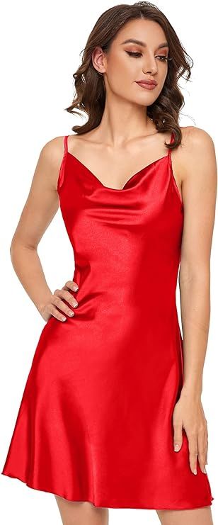 SOLY HUX Women's Spaghetti Strap Cowl Neck Satin Short Slip Dress | Amazon (US)