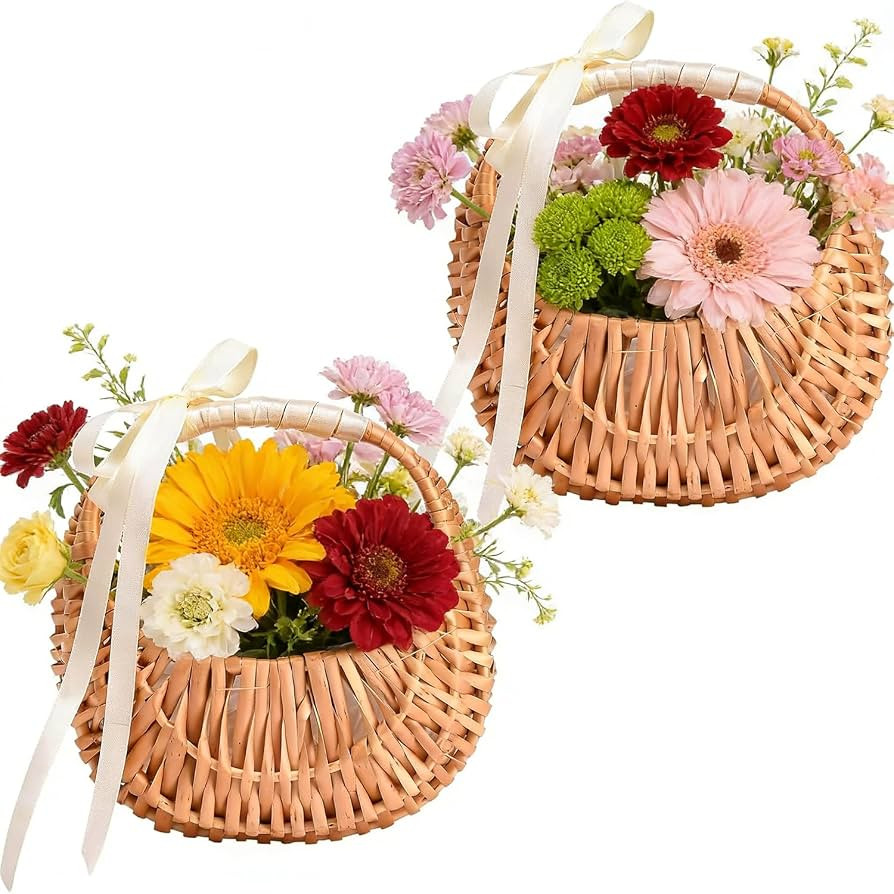 2 PC Wicker Rattan Flower Girl Basket Wedding Flower Basket Cute Rattan Wicker Basket Wicker Stor... | Amazon (US)