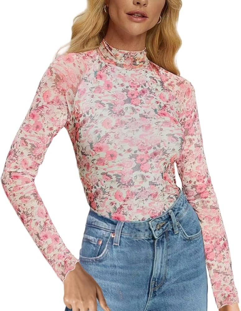 Womens Lace Top Long Sleeve Mesh Tops for Women Mock Neck Floral Sheer See Through Shirts for Par... | Amazon (US)