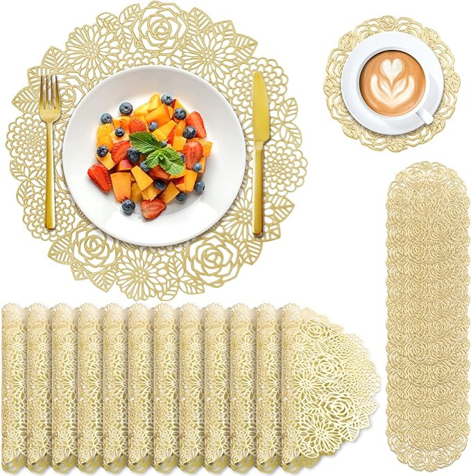 24 Pcs Round Pressed Vinyl Placemats Gold Placemat Coaster Set Metallic Place Mat Rose Floral Non... | Amazon (US)