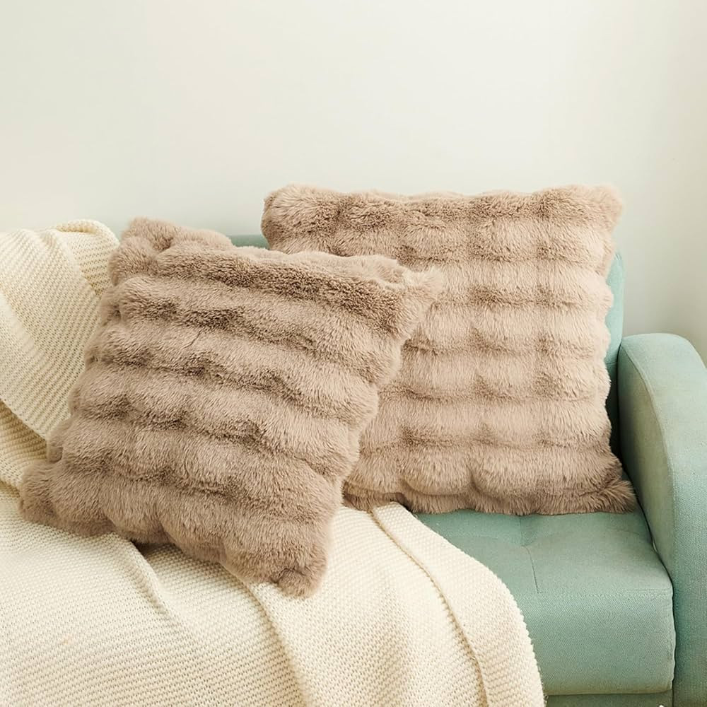 HYSEAS Faux Rabbit Fur Throw Pillow Covers 18" x 18", Taupe, Set of 2 Soft Comfortable Fluffy Coz... | Amazon (US)