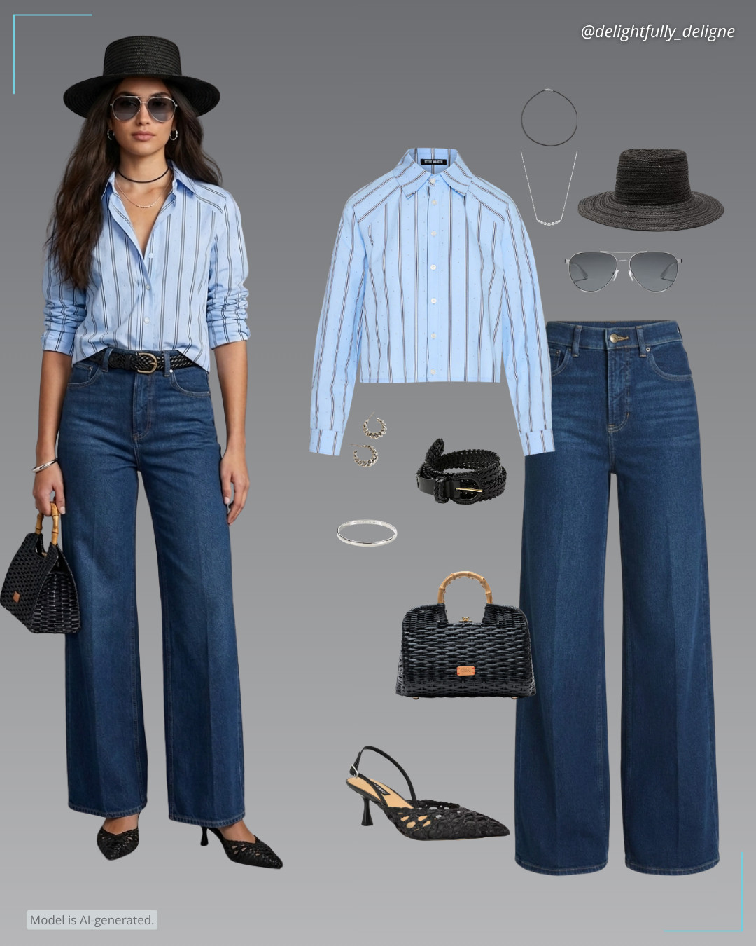 Summer Denim Edit  ☀️💙 Stripe-pattern long-sleeved button-up shirt, wide-leg jeans, woven belt, Buzzy basket bag, straw Panama hat, Randela mule pumps, spiral hoop earrings, metal sunglasses, Silver Lining Idiom bangle, classic arc cubic zirconia necklace & black leather braided bracelet. 

 #LTKootd #LTKOver40 #LTKSaleAlert