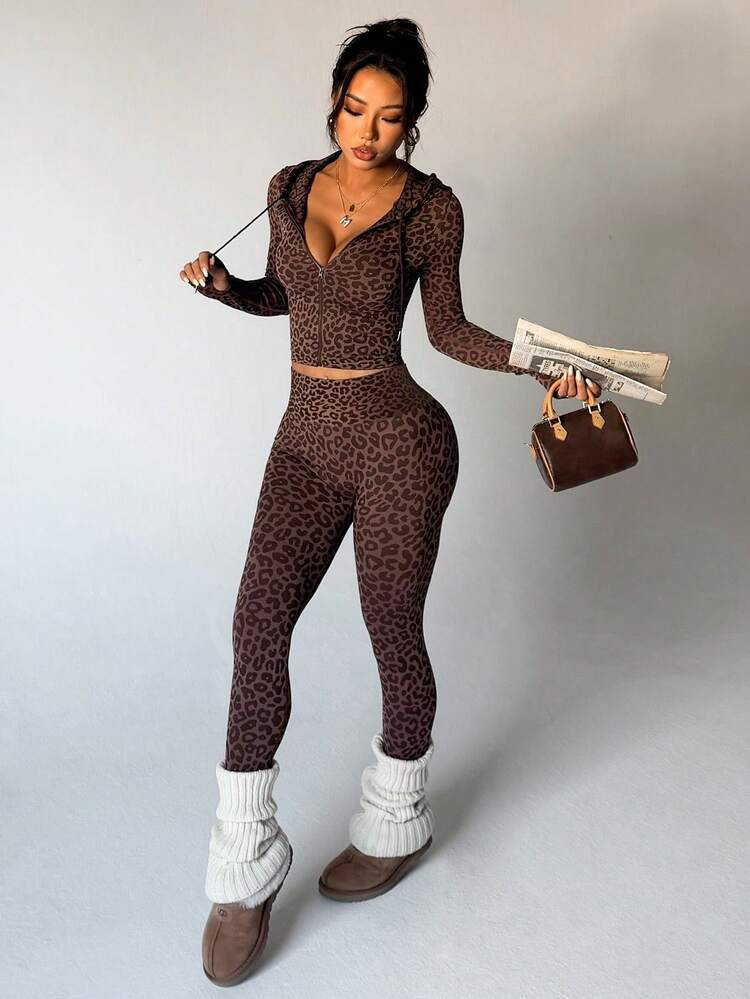 Dewbera 2pcs Women Seamless Leopard Print Hooded Zipper Thumb Hole Long Sleeve Sweatshirt And 7/8 Leggings Sports Suit For Running, Fitness, Yoga | SHEIN
