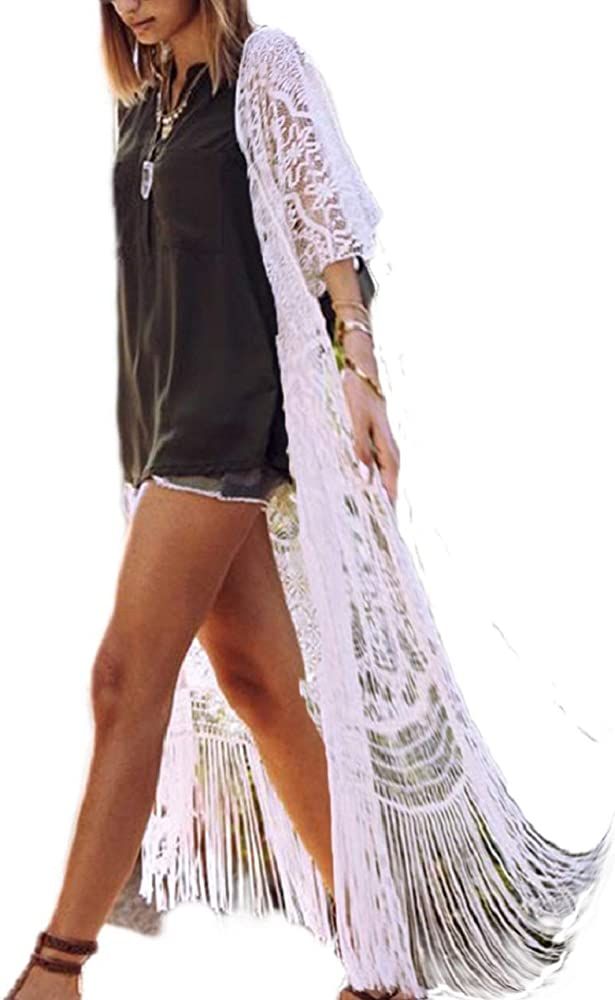 Bsubseach Women Sexy Lace Crochet Open Front Swimsuit Beach Long Kimono Cover Ups | Amazon (US)