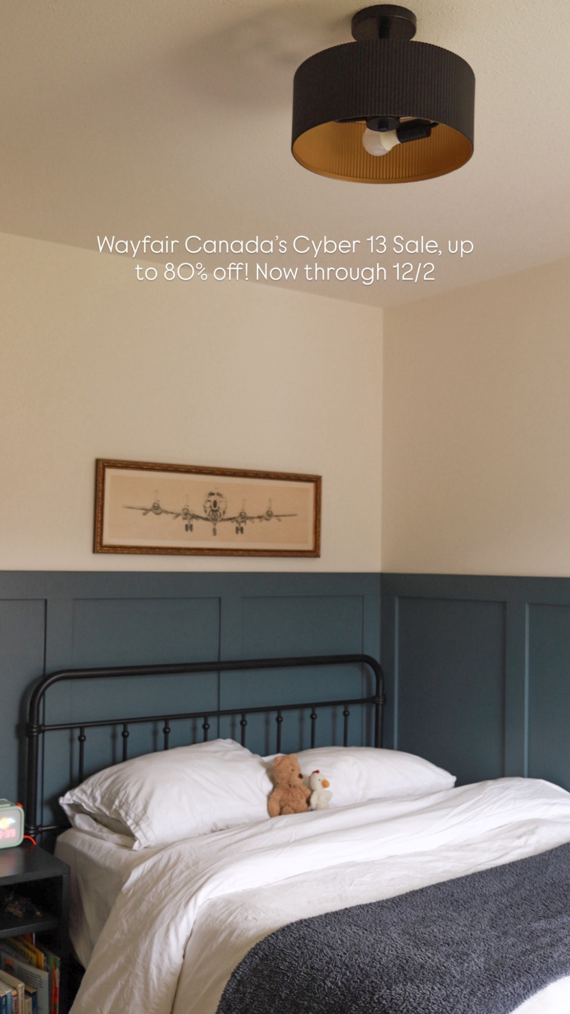 Can’t believe how much a new light + a bit of storage changed this room. Both finds are from @wayfaircanada! Their Cyber 13 Sale runs now through 12/2, with up to 80% off and super quick shipping (our light was here in two days!). #WayfairCAHome #WayfairCAPartner