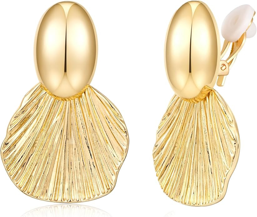 Gold-Plated Clip-On Earrings Non-Pierced Fan Shell Statement Earrings Textured Coastal Jewelry | Amazon (US)