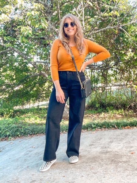 Fall outfit vibes. Millennial mom style. Over 30 mom. Wide leg outfit style. Black denim outfit. Fall outfit idea for moms. Halloween outfit 🎃 

#LTKfindsunder100 #LTKSeasonal #LTKHalloween