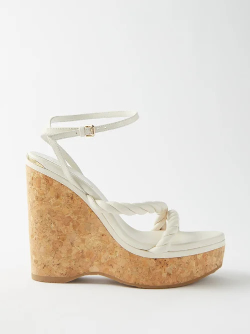 Jimmy Choo - Diosa 130 Leather And Cork Wedge Sandals - Womens - White | Matches (US)