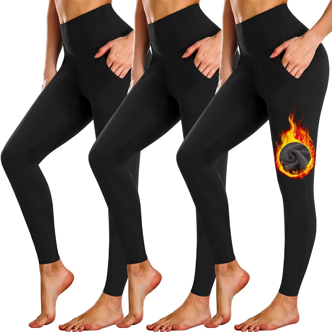 NEW YOUNG 3 Pack Fleece Lined Leggings with Pockets for Women,High Waisted Thermal Warm Winter Yo... | Amazon (US)
