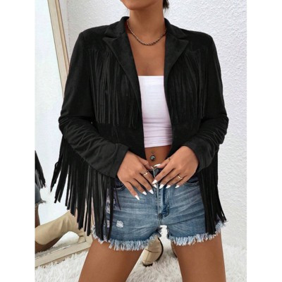 Coolmee Women's Faux Suede Leather Tassel Jackets Cropped Fringe Coats For Women Spring Fall Fashion jacket Black L | Target