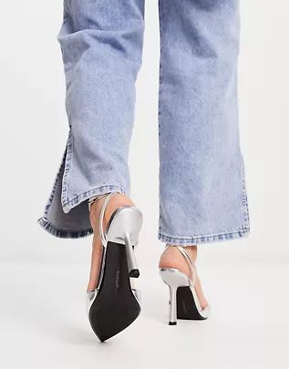 Bershka sling back heeled shoe in silver metallic | ASOS (Global)