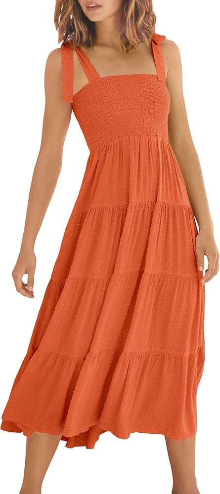 ANRABESS Women's Summer Boho Tie Knot Strap Suqare Neck Smocked Swiss Dot Ruffle Tiered A Line Beach | Amazon (US)