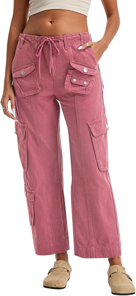 Cargo Pants for Women Low Rise Drawstring Waist 7 Pockets Hiking Work Wide Leg Pants with Zipper ... | Amazon (US)