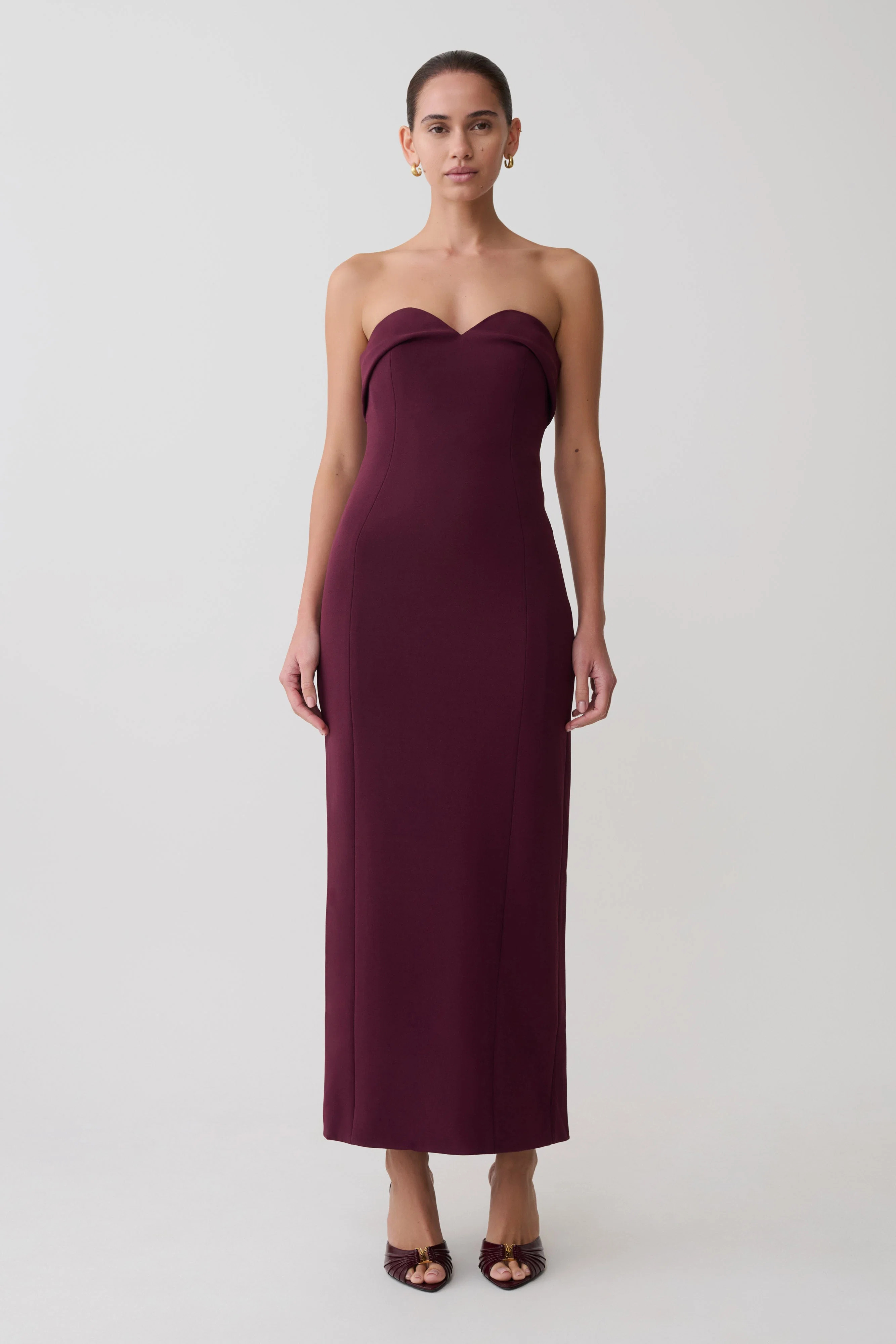 Cary Folded Strapless Crepe Midi Dress - Wine | MESHKI US
